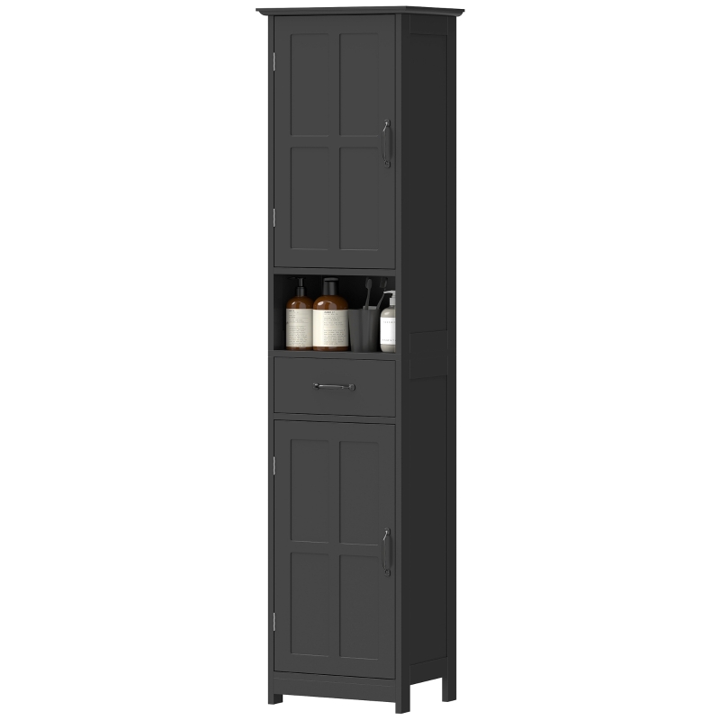 kleankin Modern Bathroom Cabinet, Narrow Bathroom Vanities with Open Shelf Drawer Recessed Doors and Adjustable Shelves Black