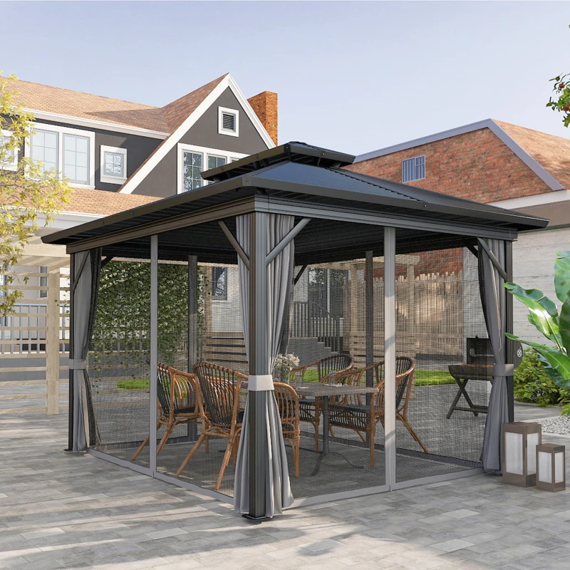 Outsunny 10' x 12' Hardtop Gazebo, Sun Shelter with Double Tier Metal Roof, Mosquito Netting, and Hanging Hook, Light Grey