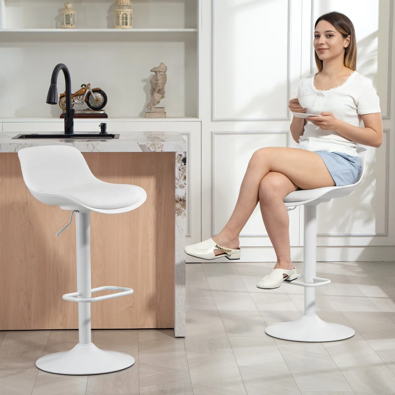 HOMCOM Counter Height Bar Stools Set of 2, Streamlined Bar Chairs with Adjustable Height and Swivel PU Leather Seat, White