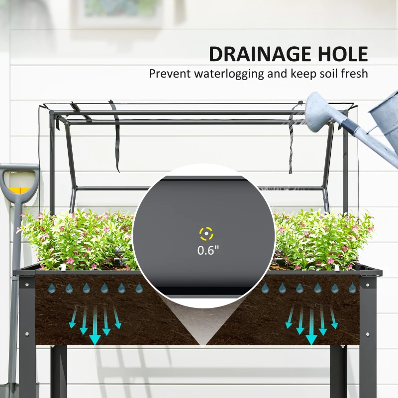 Outsunny Elevated Garden Box with Greenhouse Cover, Raised Garden Bed with Legs and Drainage Hole for Vegetables, Dark Gray