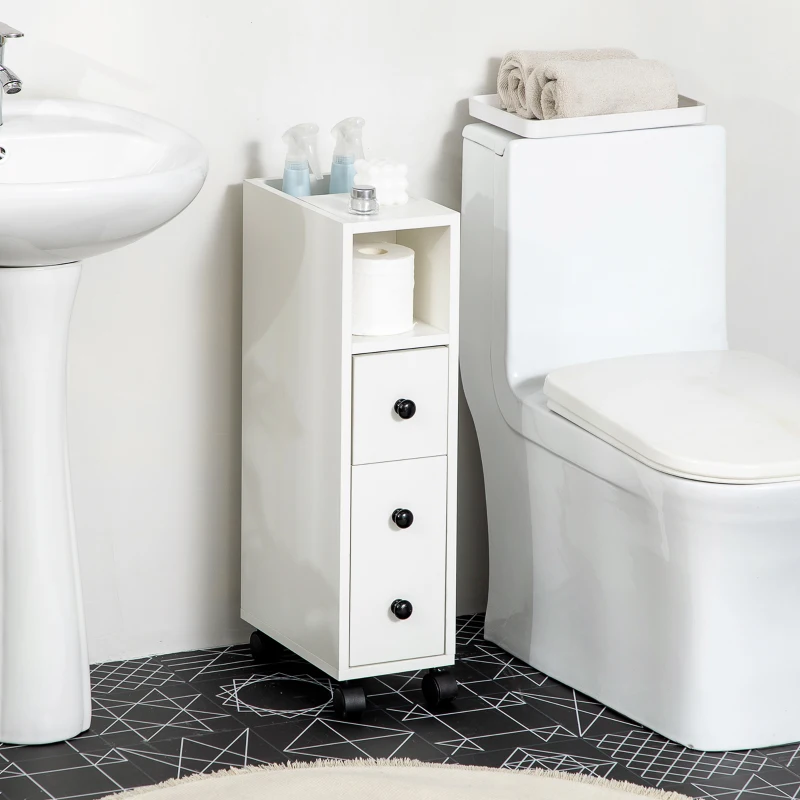 kleankin Slim Bathroom Cabinet with Wheels, Narrow Bathroom Storage Cabinet with Door, Drawer and 2 Open Compartments, White