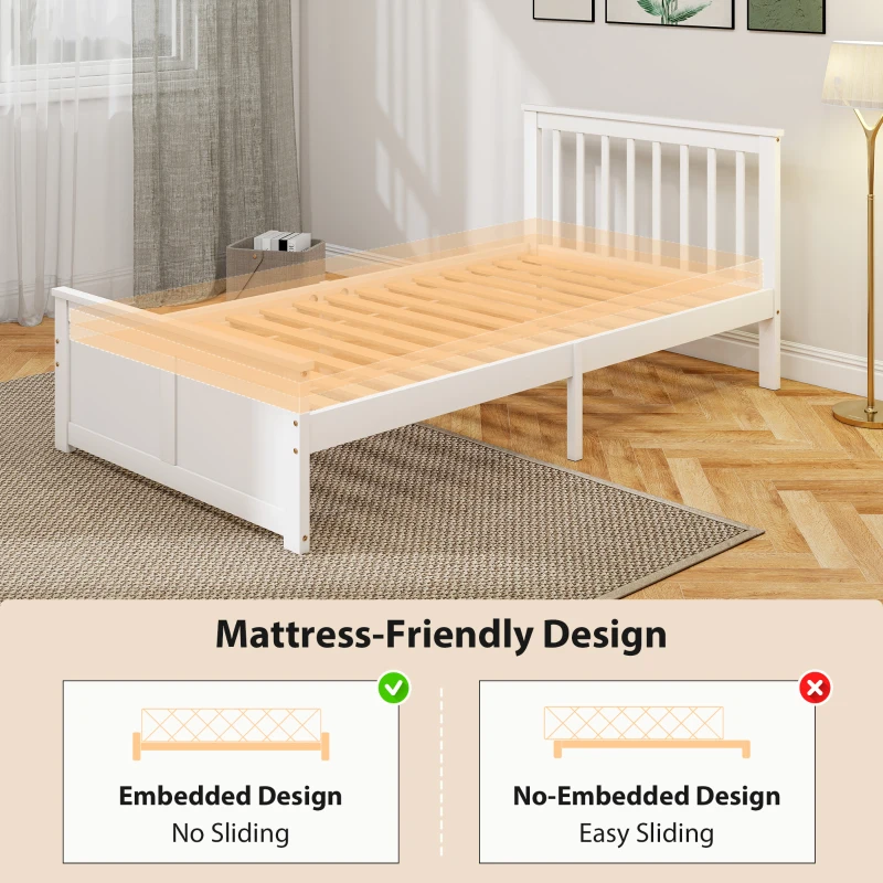 HOMCOM Pine Twin Bed Frame, Wood Storage Bed Frame with Drawers, Wood Slat Support, No Box Spring Needed, Easy Assembly, White