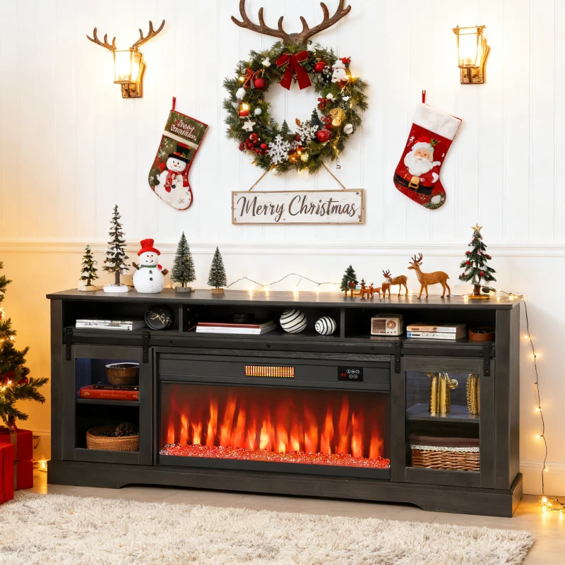 HOMCOM Fireplace TV Stand for TVs Up to 80 Inch, TV Console with Electric Fireplace, Open Storage and Side Cabinets, Gray