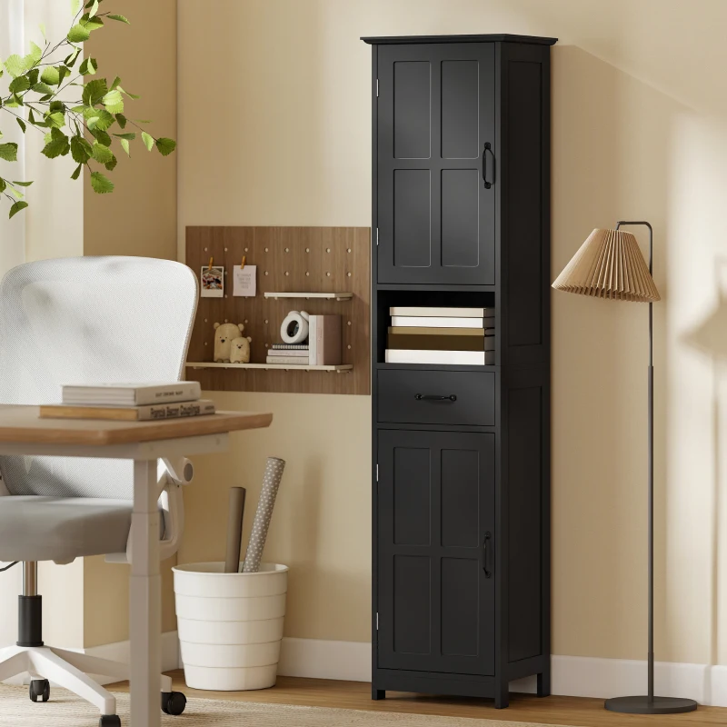 kleankin Modern Bathroom Cabinet, Narrow Bathroom Vanities with Open Shelf Drawer Recessed Doors and Adjustable Shelves Black