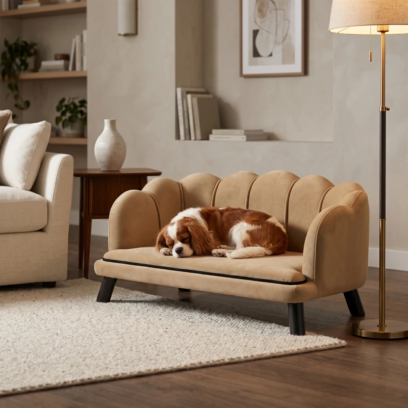 PawHut Pearl Design Pet Sofa for Medium and Large Sized Dogs, Pet Bed with Cushion and Solid Wood Legs, Coffee