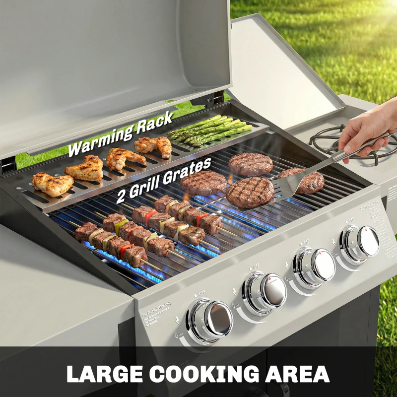 Outsunny 4+1 Burner Liquid Propane Gas Grill, Outdoor Portable BBQ Grill with Side Burner, Warming Rack, Side Shelf