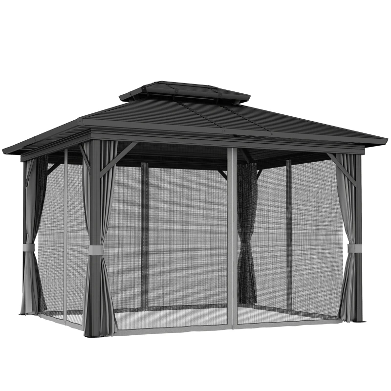 Outsunny 10' x 12' Hardtop Gazebo, Sun Shelter with Double Tier Metal Roof, Mosquito Netting, and Hanging Hook, Light Grey
