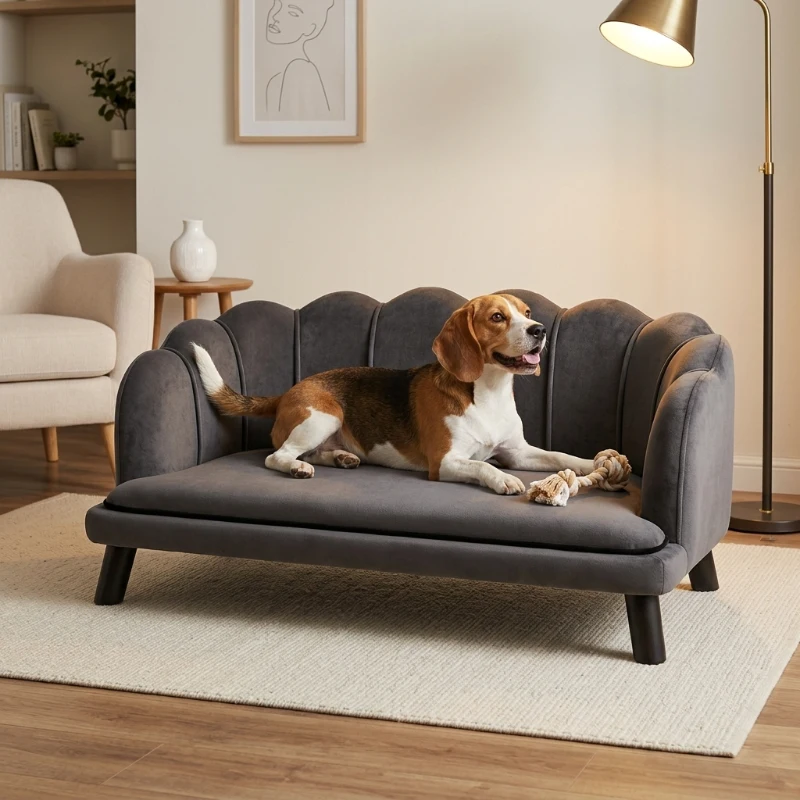 PawHut Pearl Design Pet Sofa for Medium and Large Sized Dogs, Pet Bed with Cushion and Solid Wood Legs, Charcoal Gray
