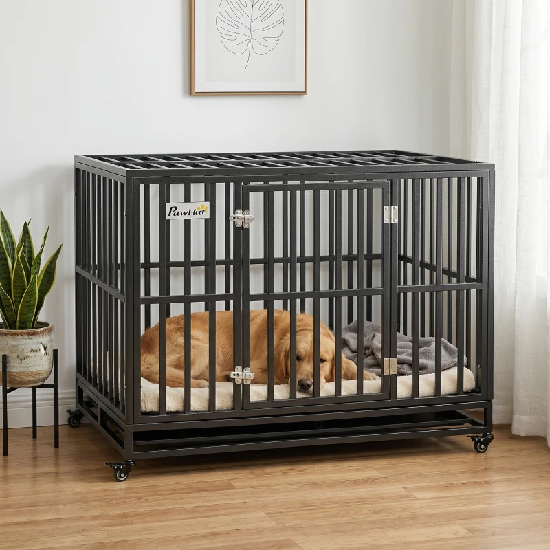 PawHut 45" Heavy Duty Dog Crate, Escape-Proof Steel Kennel with Wheels, Black