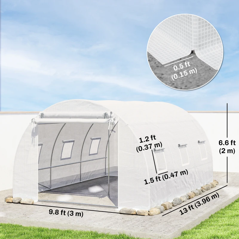 Outsunny Walk-in Tunnel Greenhouse, Plant Hot House w/ Support Rods, Roll-up Mesh Door, Mesh Windows, 13'x9.8'x6.6', White
