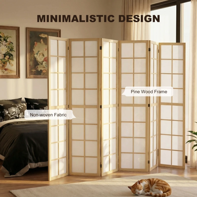 HOMCOM 6 Panel Room Divider, 5.6 ft Folding Wall Divider Room Partition for Home Office, Bedroom, Living Room, Natural Wood