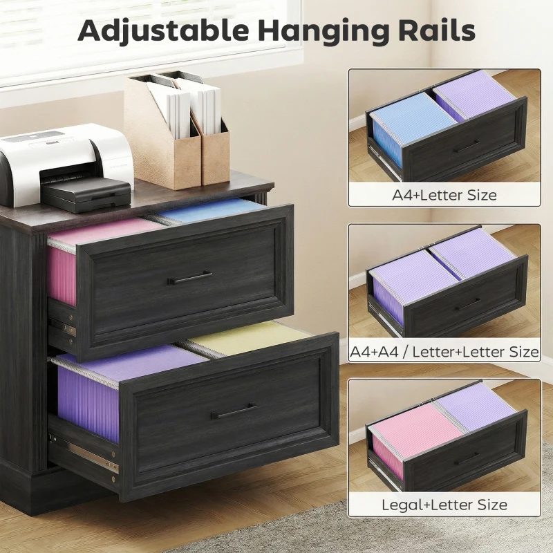 HOMCOM Lateral Filing Cabinet, Farmhouse File Cabinet with 2 Silent Drawers for Letter/A4/Legal Size Files, Black