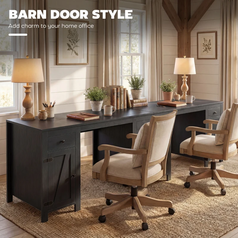 HOMCOM 53" Farmhouse Executive Desk, Computer Desk with Drawers and 2 Cabinets, Study Table for Home Office, Black Wood Grain