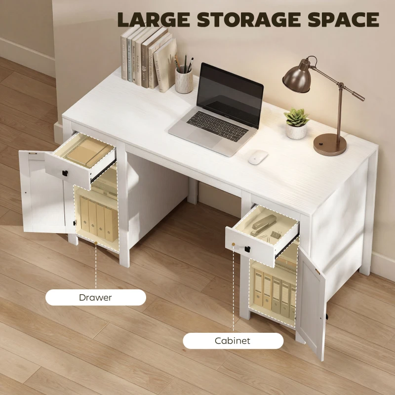 HOMCOM 53" Farmhouse Executive Desk, Computer Desk with Drawers and 2 Cabinets, Study Table for Home Office, White Wood Grain