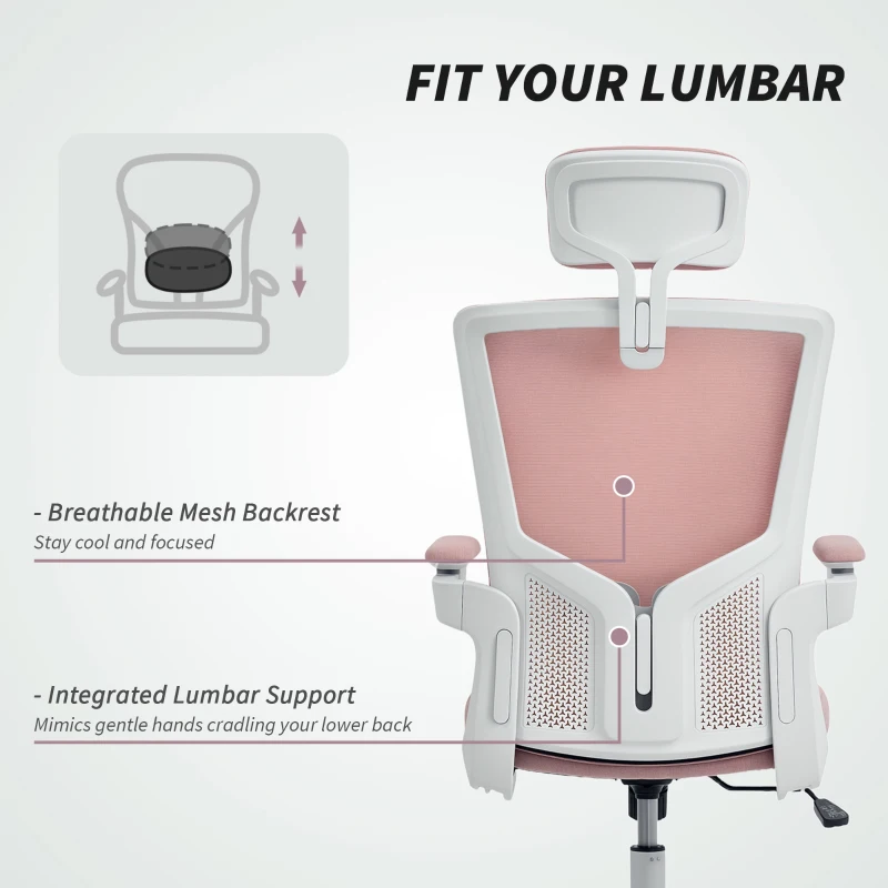 HOMCOM Ergonomic Office Chair, Swivel Desk Chair with Adjustable Lumbar Support, Headrest and Height, Flip-up Armrests, Pink