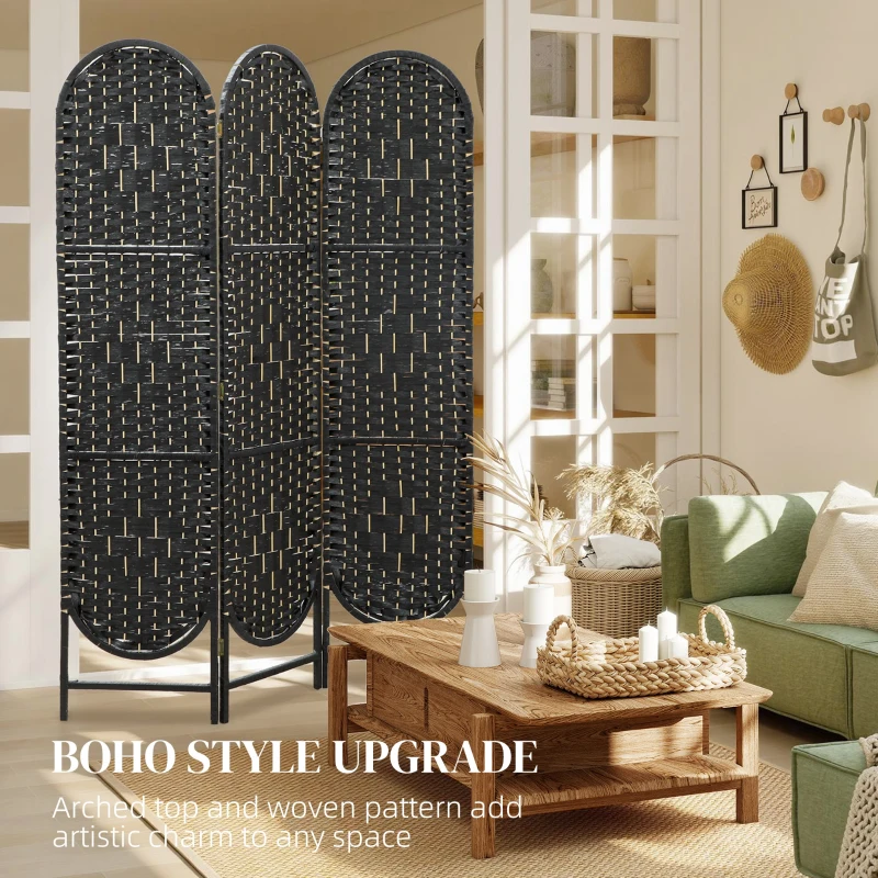 HOMCOM Bohemian Privacy Screen, Folding Room Divider with 3 Panels and Arched Top for Bedroom Living Room Office, Black