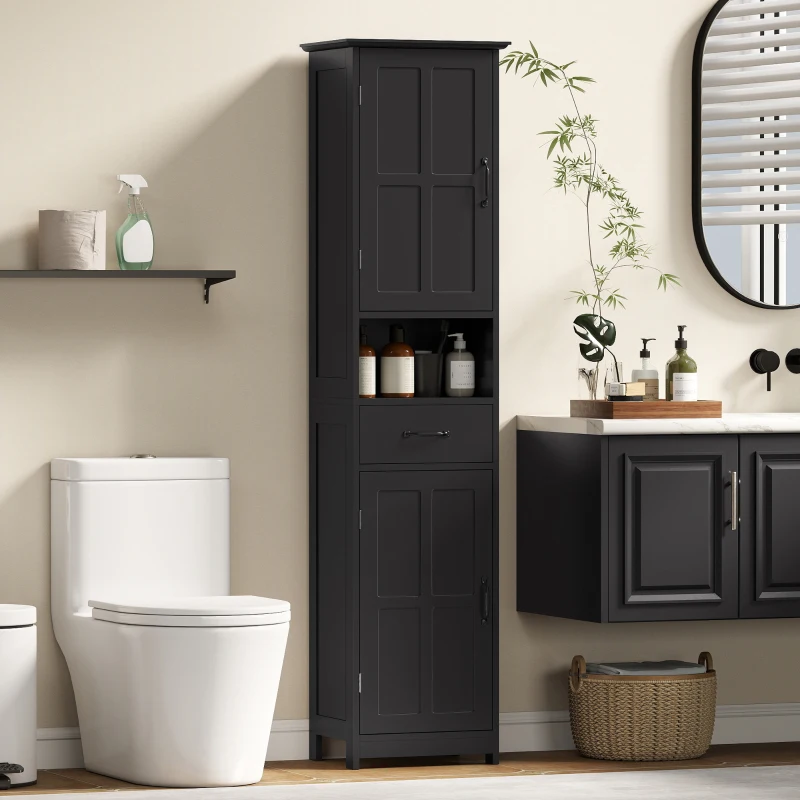 kleankin Modern Bathroom Cabinet, Narrow Bathroom Vanities with Open Shelf Drawer Recessed Doors and Adjustable Shelves Black