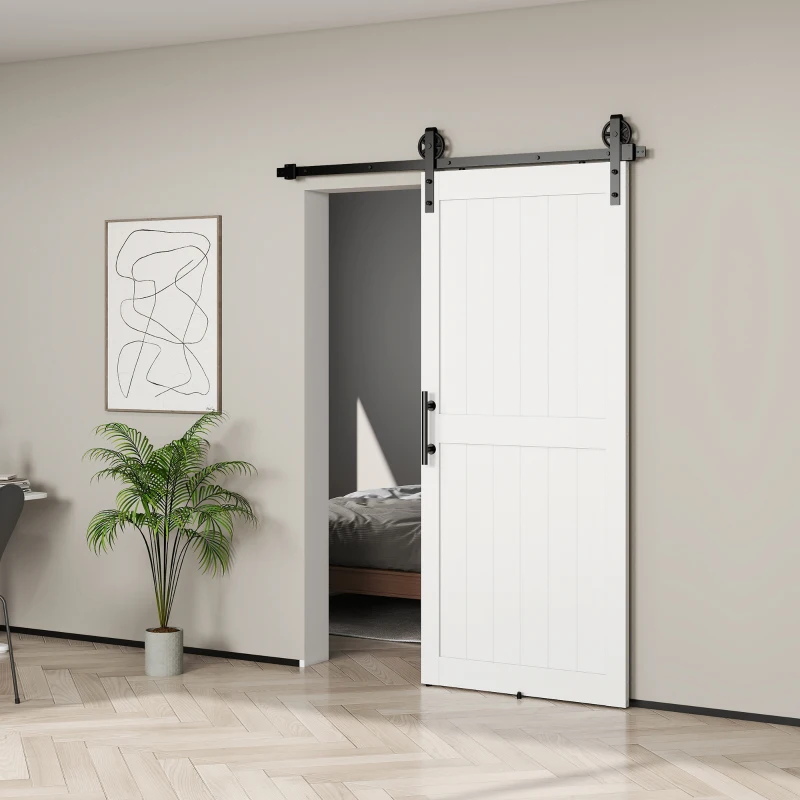 HOMCOM 36inx84in Barn Door with 6FT Sliding Door Hardware Kit, Handle, Upgraded Rollers and Floor Guide, Waterproof, White