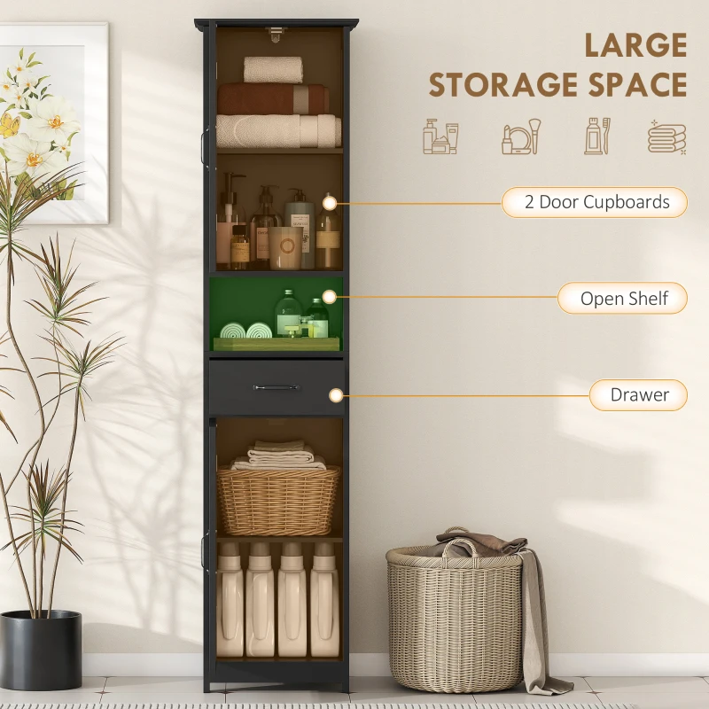 kleankin Modern Bathroom Cabinet, Narrow Bathroom Vanities with Open Shelf Drawer Recessed Doors and Adjustable Shelves Black