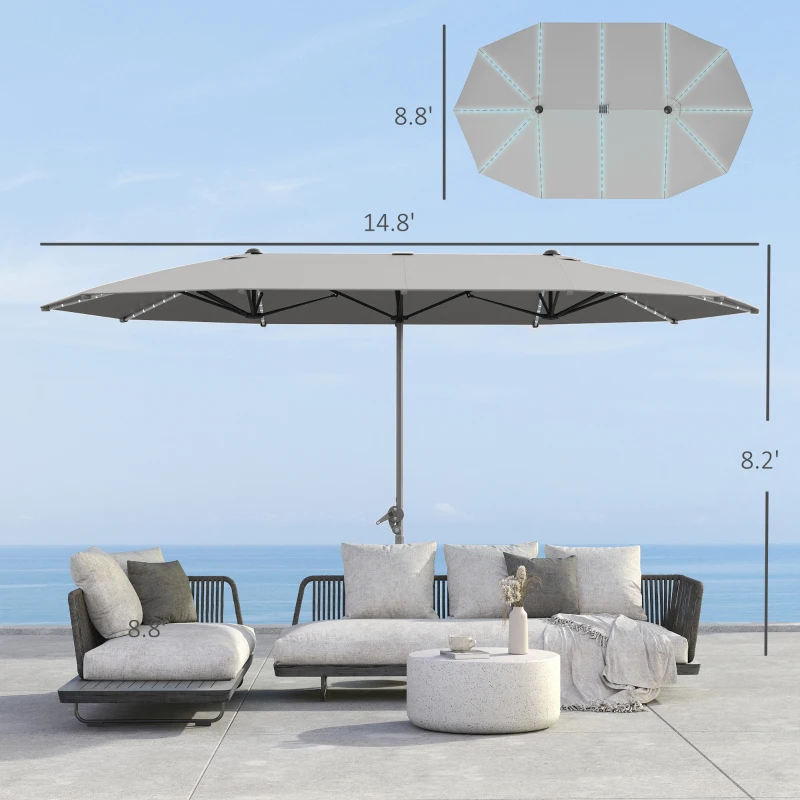 Outsunny 15ft Double-Sided Outdoor Umbrella with Solar Lights, UPF50+ Extra Large Aluminum Patio Umbrella with Crank, Dark Gray