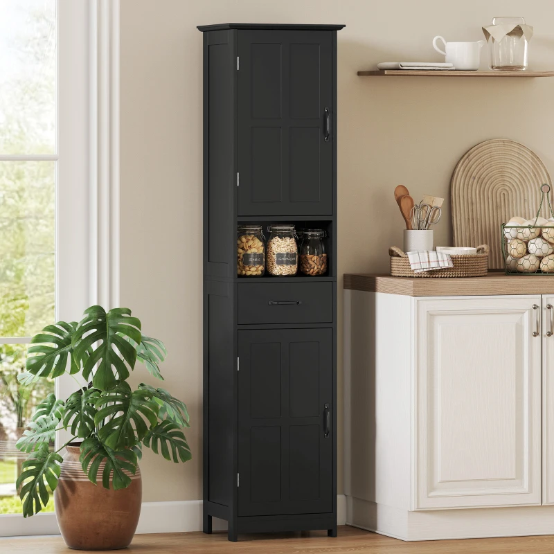 kleankin Modern Bathroom Cabinet, Narrow Bathroom Vanities with Open Shelf Drawer Recessed Doors and Adjustable Shelves Black