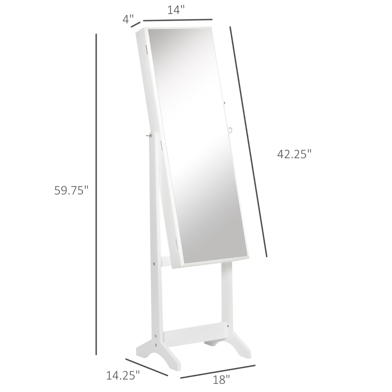 HOMCOM Floor Standing Jewelry Cabinet, Lockable Jewelry Organizer with Full-Length Mirror, and 3 Adjustable Angles, White