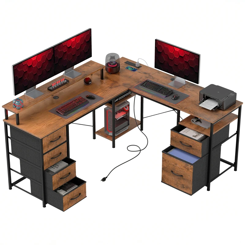 HOMCOM 66" Reversible L Shaped Computer Desk, Corner Desk with File Drawer, Power Outlets and LED Lights, Rustic Brown