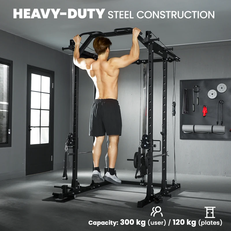 Soozier Multi-Functional Power Rack, Smith Machine Cable Crossover System with Pull Up Bar, Lat-Pull Down System, Landmine