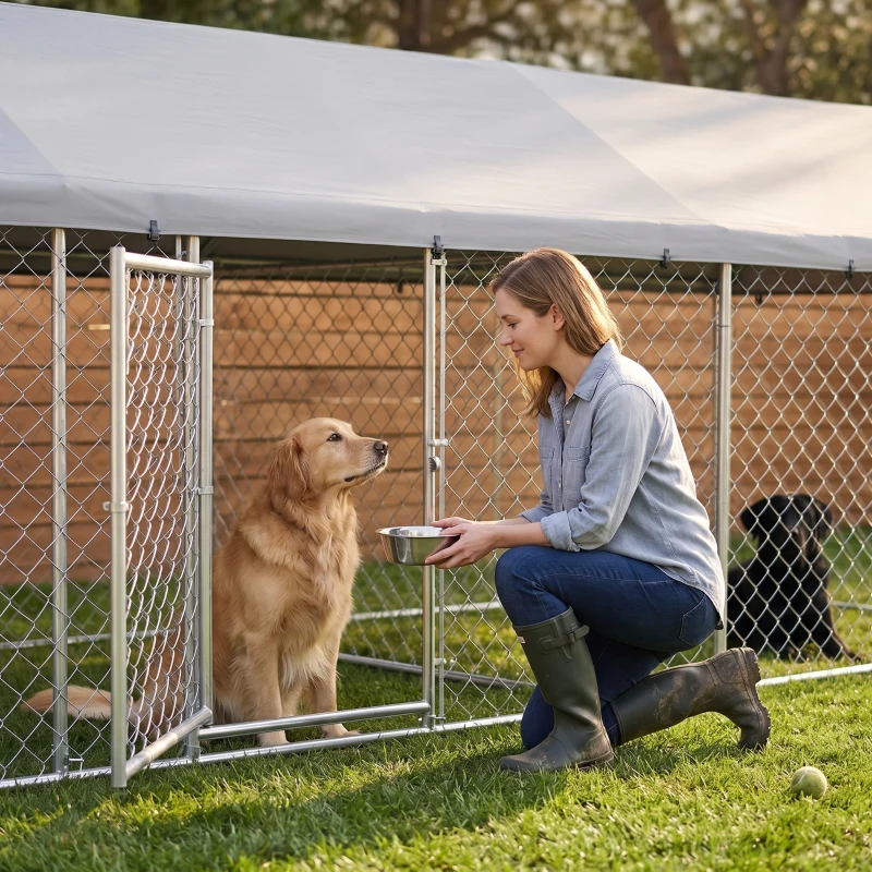 PawHut Two Room Outdoor Dog Kennel, Dog Run with Roof, Waterproof UV-Resistant Cover, Secure Lock, 19.7' x 7.5' x 5.2'