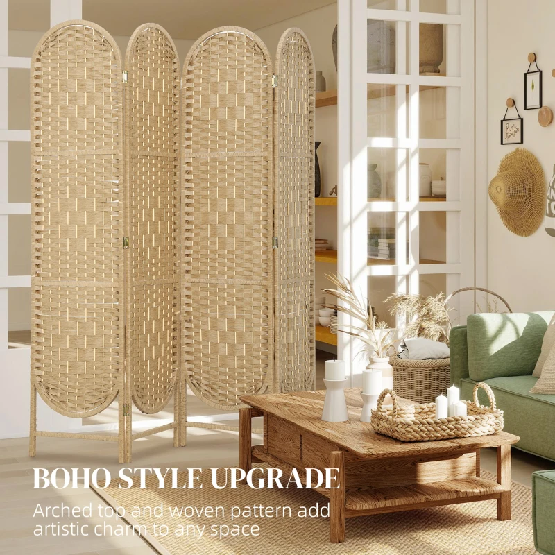 HOMCOM Bohemian Privacy Screen, Folding Room Divider with 4 Panels and Arched Top for Bedroom Living Room Office, Natural Wood