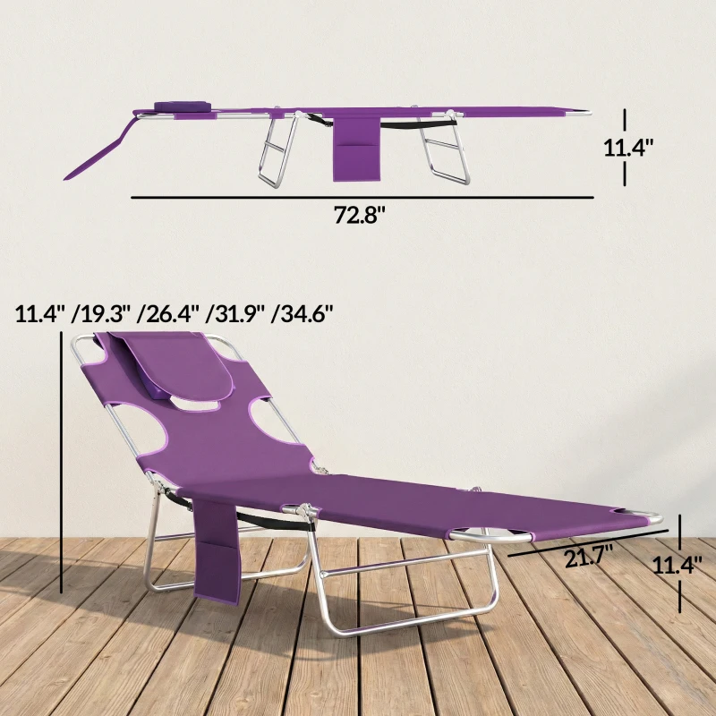 Outsunny Tanning Chair with Face Hole, 5-Level Adjustable Outdoor Chaise Lounge Chair with Pillow for Beach, Pool, Purple
