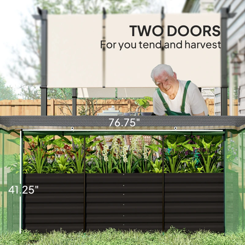 Outsunny Galvanized Steel Planter Box with Crop Cage and Shade Cloth, Raised Garden Bed for Flowers, Veggies and Herbs, Dark Gray