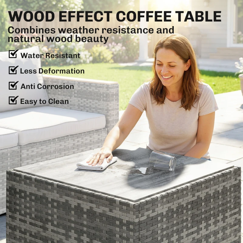 Outsunny 7 Piece Patio Furniture Set, L-Shaped Wicker Outdoor Sectional Sofa with Faux Wood Coffee Table, Cushions, Light Grey