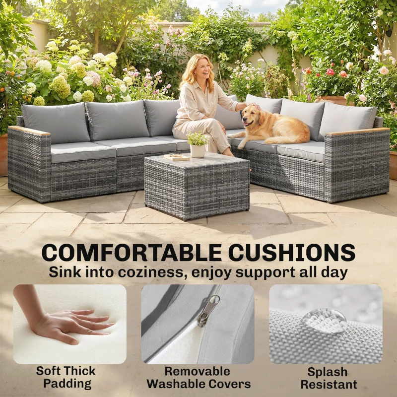 Outsunny 7 Piece Patio Furniture Set, L-Shaped Wicker Outdoor Sectional Sofa with Faux Wood Coffee Table, Cushions, Light Grey