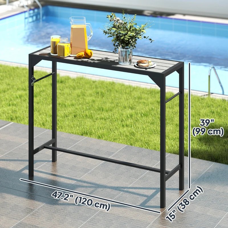 Outsunny Bar Height Outdoor Table with Built-In Bottle Opener, Patio Bar Table with Wood Grain Plastic Top, 47.2" x 15" x 39"