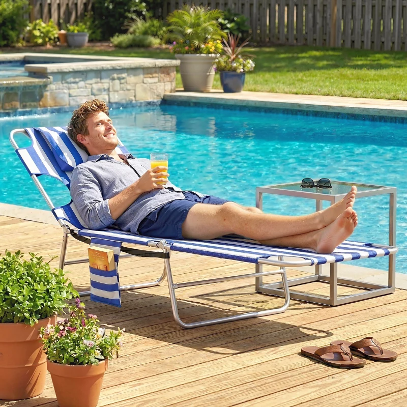 Outsunny Tanning Chair with Face Hole, 5-Level Adjustable Outdoor Chaise Lounge Chair with Pillow for Beach, Pool, Blue Stripes