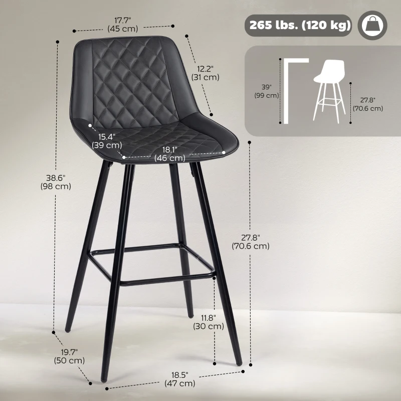 HOMCOM PU Leather Counter Height Bar Chairs Set of 2, 27.75" Bar Stools with Metal Legs for Dining Area, Kitchen Island, Black