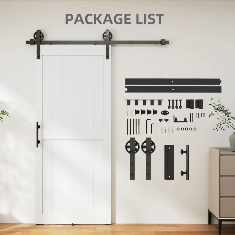 HOMCOM 36inx84in Barn Door with 6FT Sliding Door Hardware Kit, Handle, Upgraded Rollers and Floor Guide, Waterproof, White