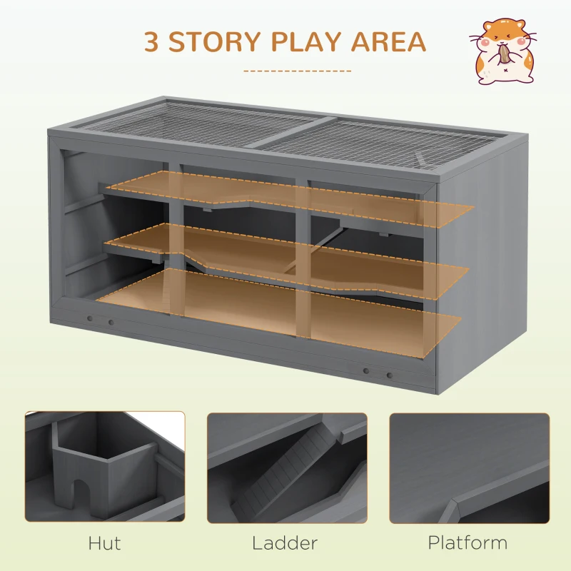 PawHut Extra Large Wooden Hamster Cage with Opening Roof, Hut, Ramps, Gray
