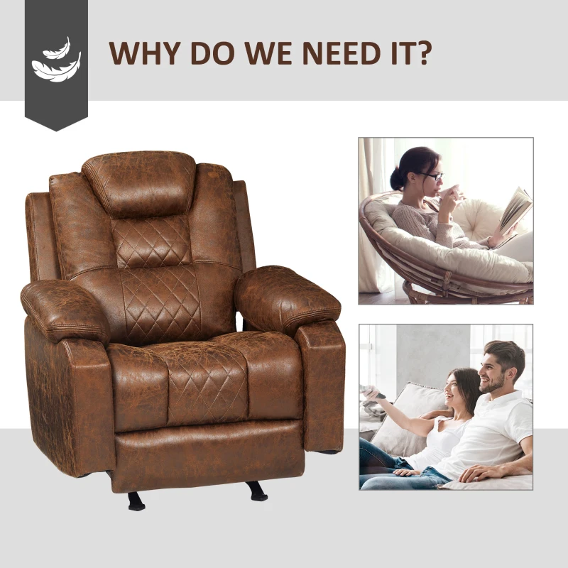 HOMCOM Overstuffed Manual Recliner Chair with Thick Sponge Padded Headrest and Armrest, Rocking Function, for Living Room, Brown