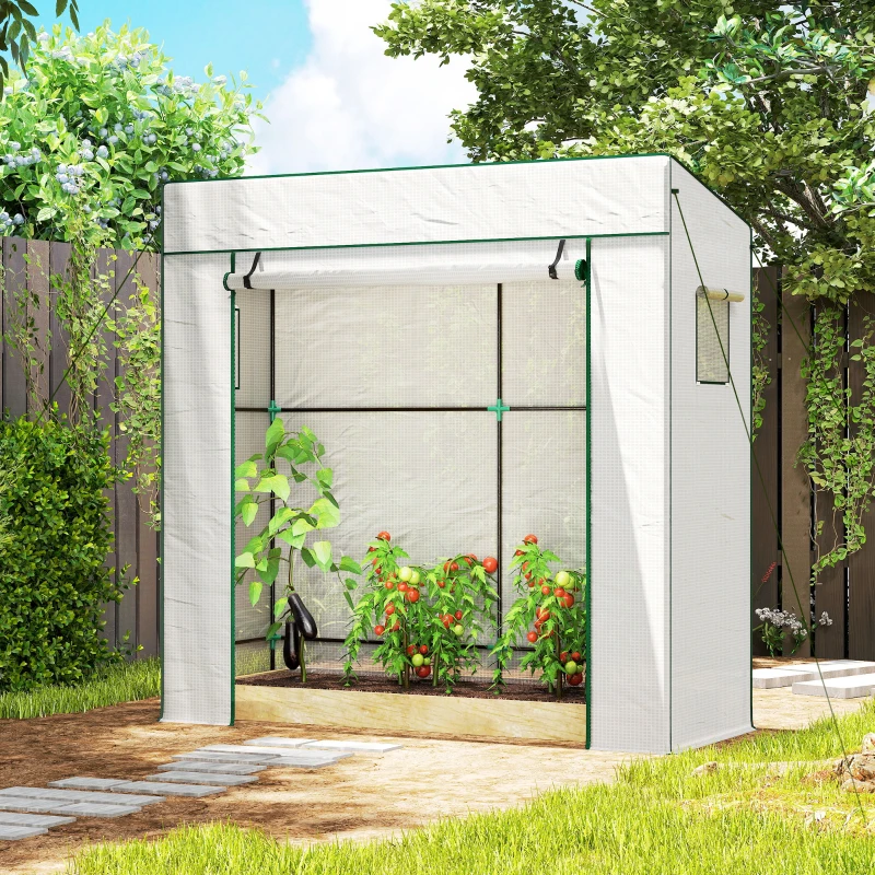 Outsunny Walk-in Tomato Greenhouse Lean-to Green House with Reinforced PE Cover, Roll-up Door, Mesh Windows, White
