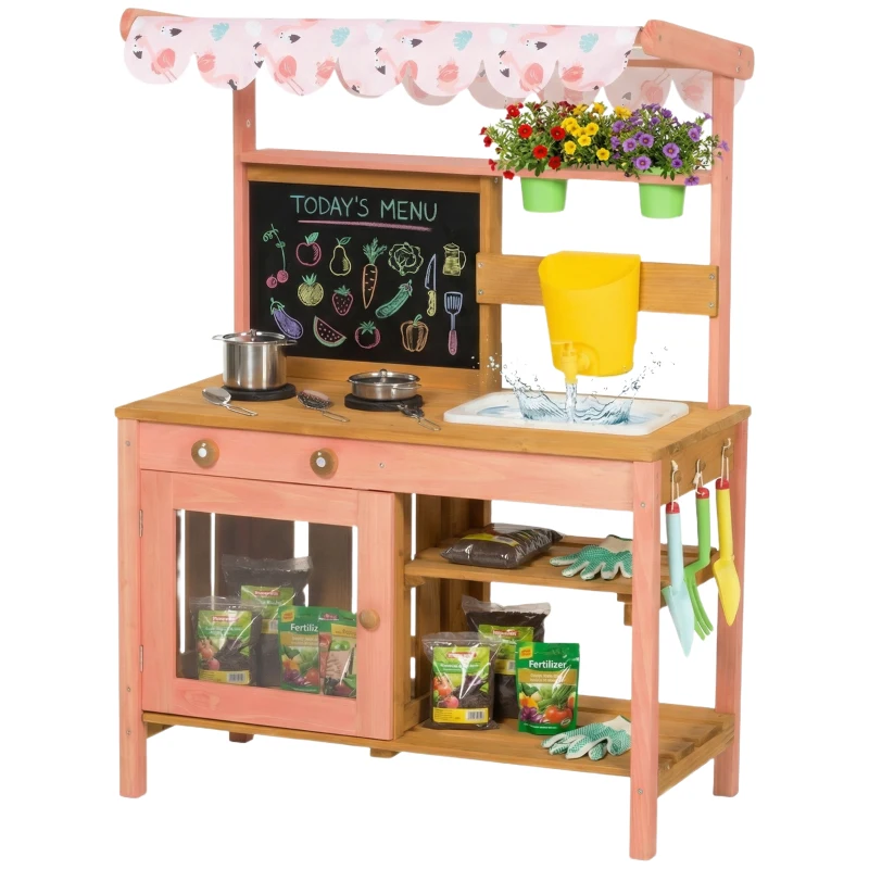 Qaba Kids Mud Kitchen with Canopy, Outdoor Wooden Play Kitchen with Planter Box, Accessories for Age 3-6, Pink