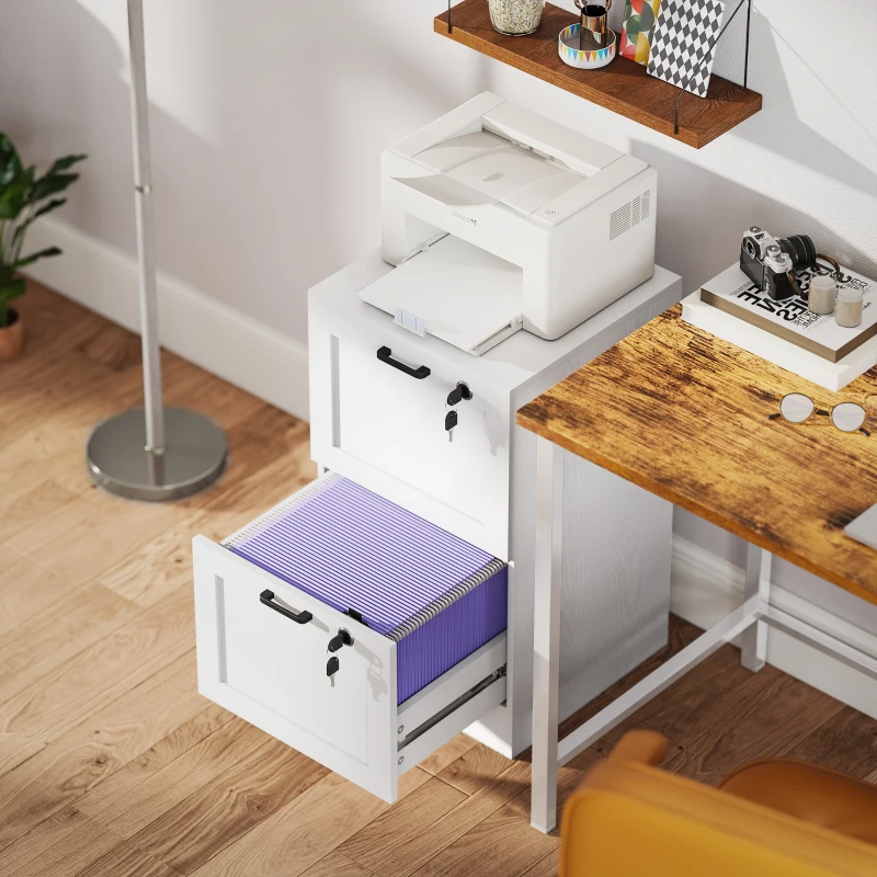 HOMCOM Vertical Filing Cabinet with 2 Drawers, Lock, File Cabinet for Home Office, A4 and Letter Size Files, White