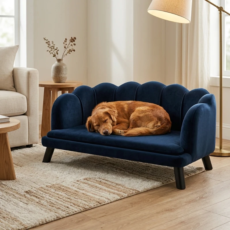 PawHut Pearl Design Pet Sofa for Medium and Large Sized Dogs, Pet Bed with Cushion and Solid Wood Legs, Dark Blue