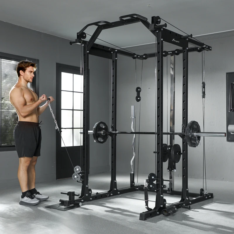 Soozier Multi-Functional Power Rack, Smith Machine Cable Crossover System with Pull Up Bar, Lat-Pull Down System, Landmine