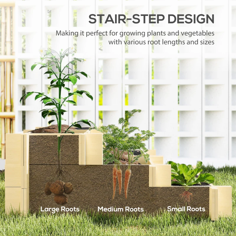 Outsunny 3 Tier Raised Garden Bed, Water Draining Fabric for Soil, Elevated Wood Flower Box for Vegetables, Herbs, Natural