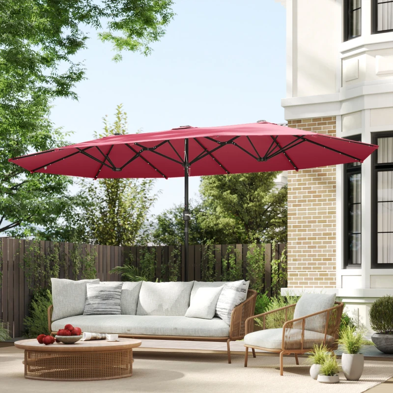 Outsunny 173.2" Double-Sided Sun Umbrella Garden Parasol Patio Sun Shade Outdoor with LED Solar Light, No Base Included, Wine Red