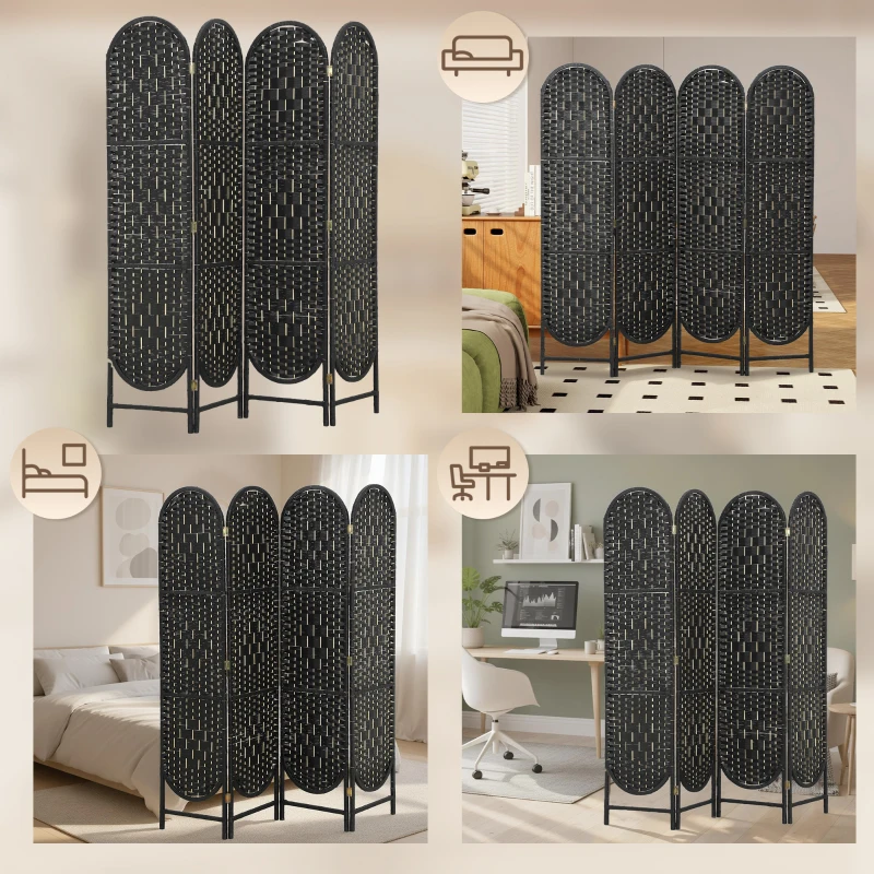 HOMCOM Bohemian Privacy Screen, Folding Room Divider with 4 Panels and Arched Top for Bedroom Living Room Office, Black