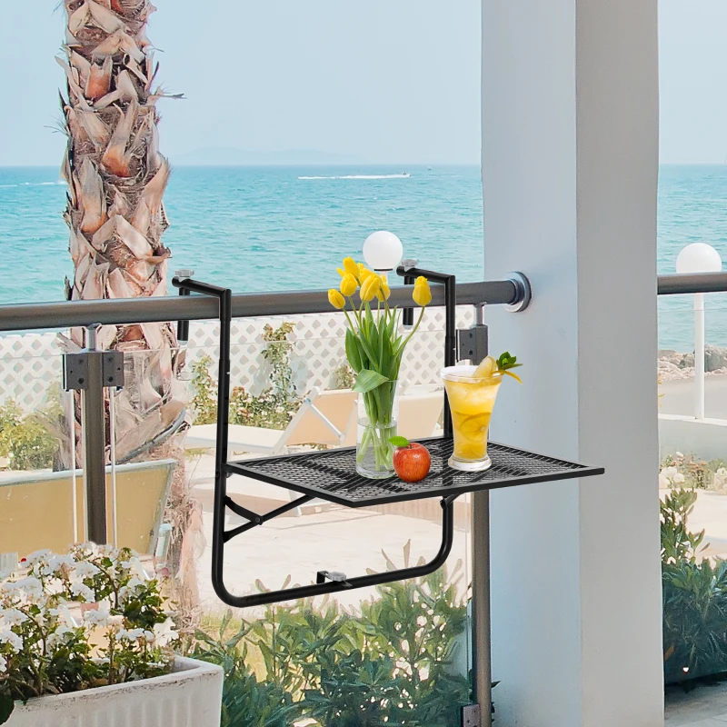Outsunny Balcony Hanging Table, Metal Wall Mount Desk, Adjustable Folding Balcony Deck Table for Patio and Garden, Black