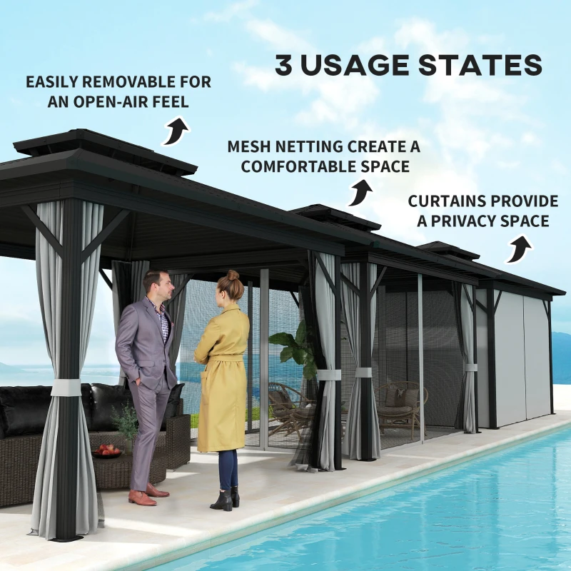 Outsunny 10' x 12' Hardtop Gazebo, Sun Shelter with Double Tier Metal Roof, Mosquito Netting, and Hanging Hook, Light Grey